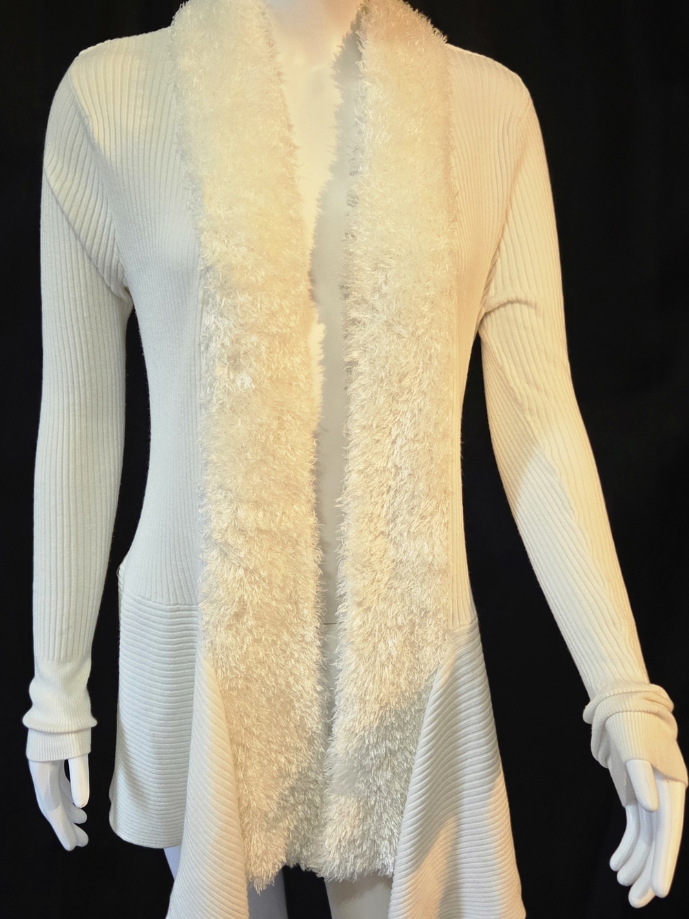 Cato Cream Trendy Faux-Fur Trim Open Front Cardigan